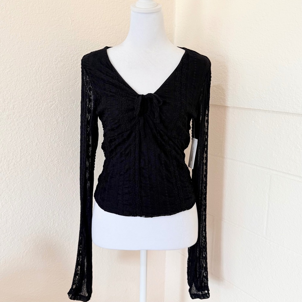 No Comment Lace Top Womens Large Black V-Neck Cinch Front Long Sleeve Whimsygoth